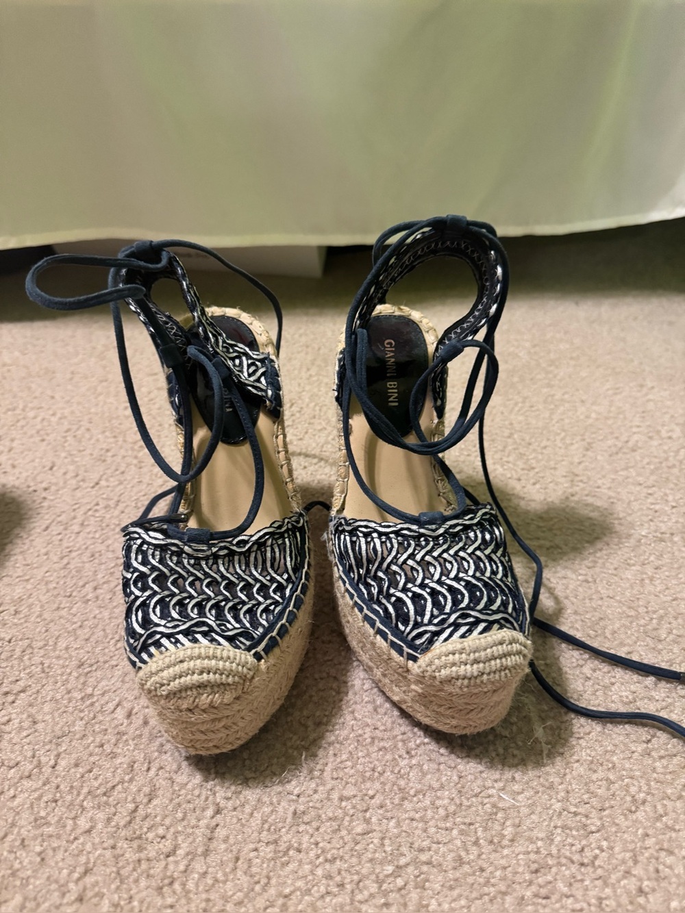 Gianni Bini Navy and Natural Woven Espadrille Wedge Sandals